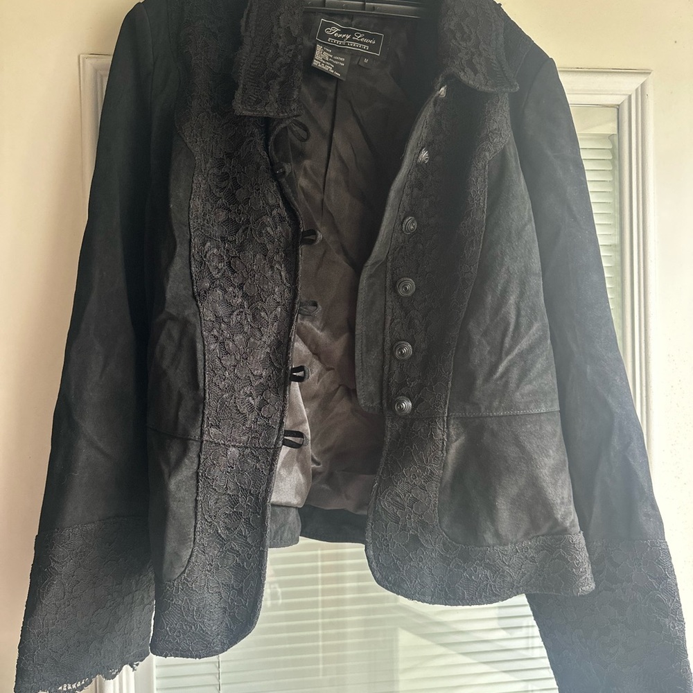 Terry Lewis Classic Luxuries Black Lace-Trim Suede Blazer